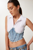 Beyaz Açık Mavi Denim Detaylı Gömlek Yaka Crop Bluz AN00252