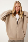 Bej Kapüşonlu Fermuarlı Oversize Sweatshirt UB00124