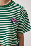 Yeşil Nakış Detaylı Çizgili %100 Pamuk Crop Örme T-Shirt CR00436