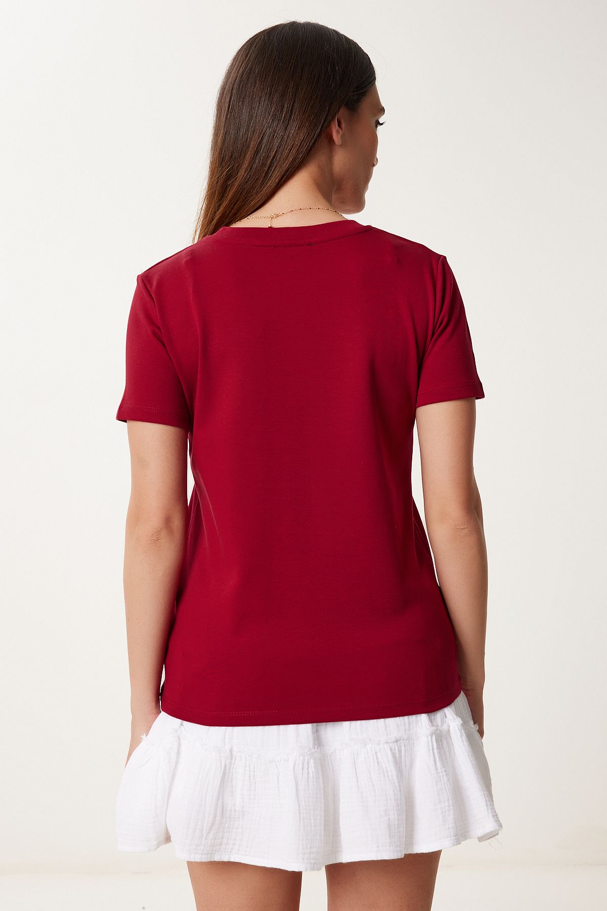 Bordo Kirazlı Nakış İşlemeli İnterlok T-Shirt BF00103