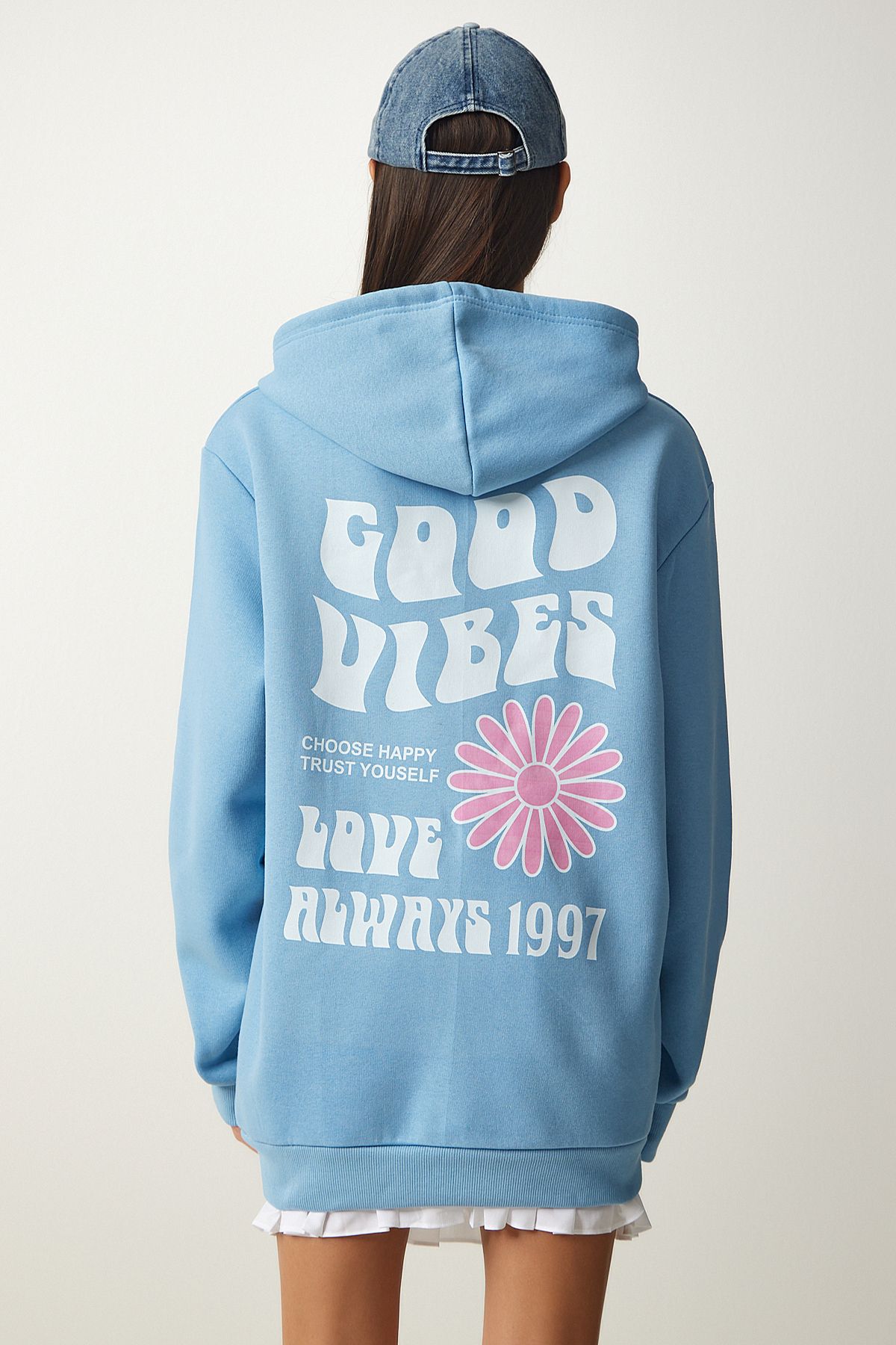 Açık Mavi Baskılı Kapüşonlu Şardonlu Sweatshirt OW00011