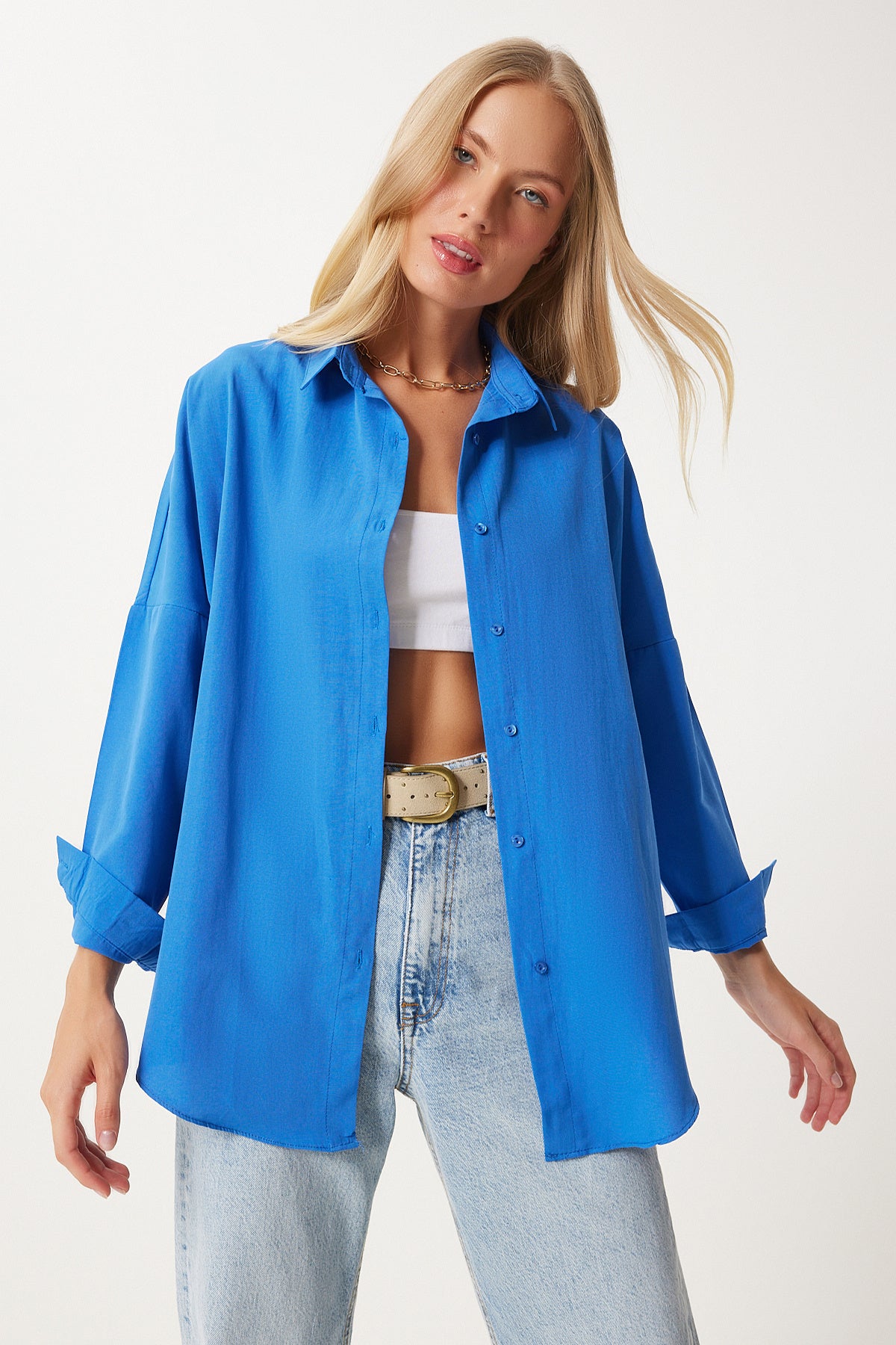 Canlı Mavi Oversize Uzun Basic Gömlek DD00842