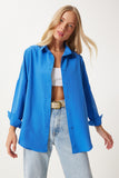Canlı Mavi Oversize Uzun Basic Gömlek DD00842