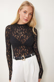Siyah Dantelli Esnek Örme Bluz UB00319