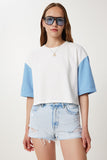 Beyaz Mavi Kareli Örme Crop T-Shirt TP00088