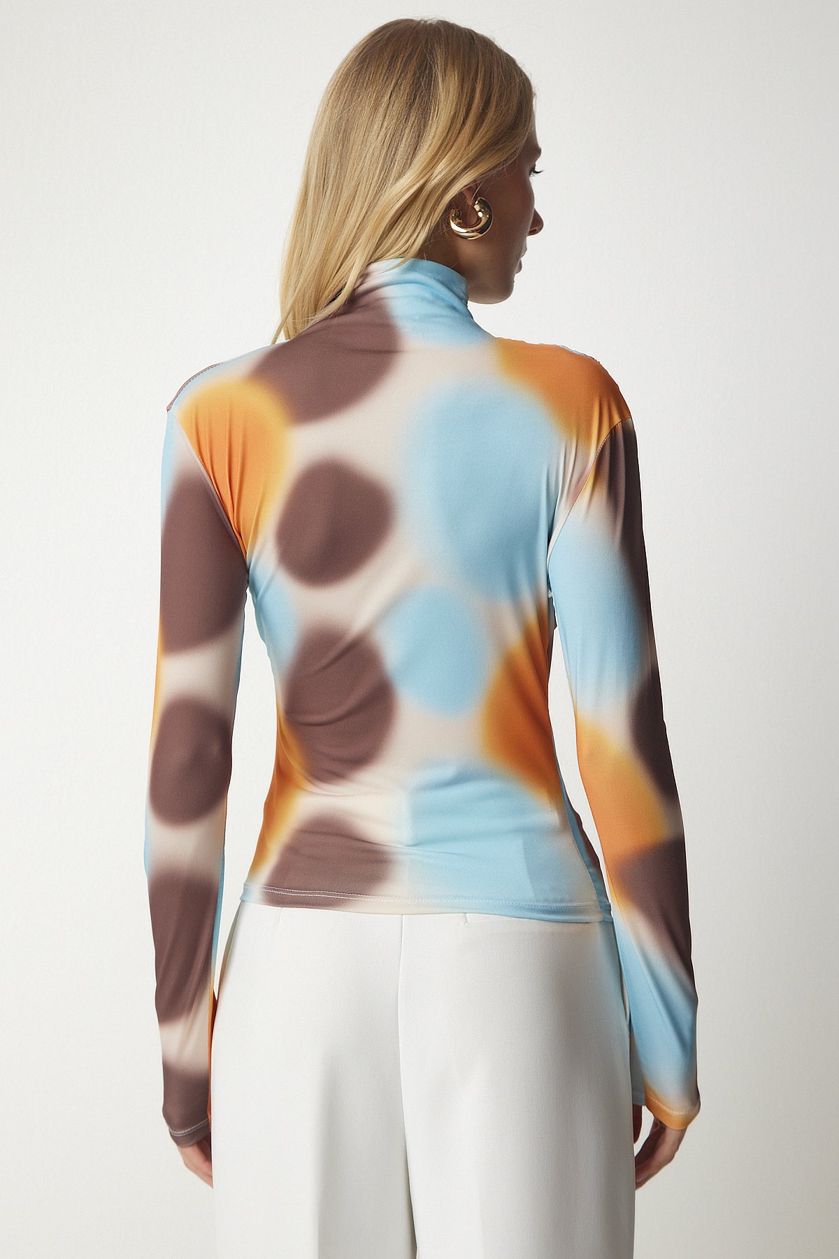 Oranj Mavi Drapeli Dik Yaka Sandy Bluz FF00138