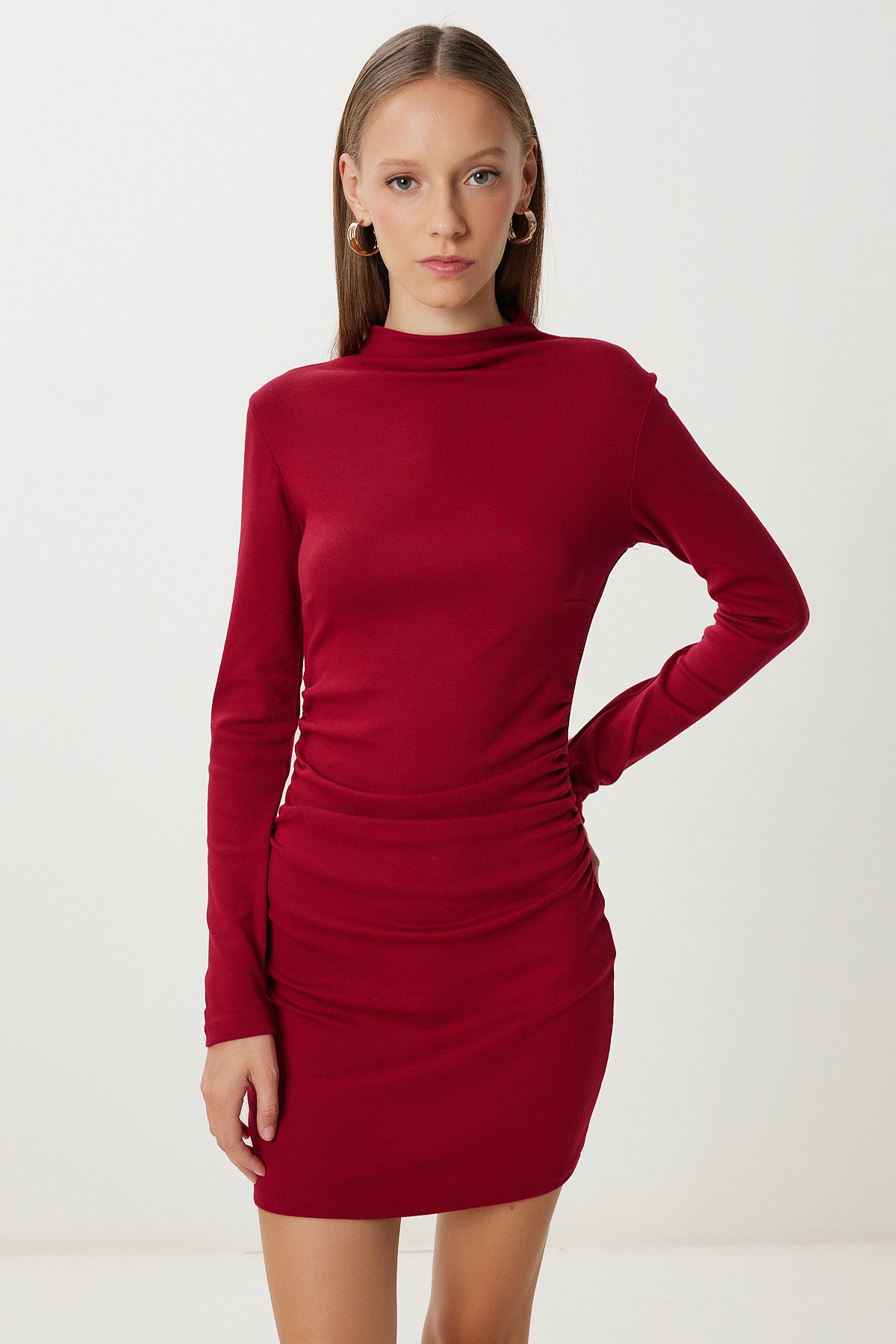Bordo Büzgülü Esnek Mini Örme Elbise UB00474