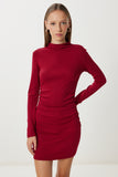 Bordo Büzgülü Esnek Mini Örme Elbise UB00474