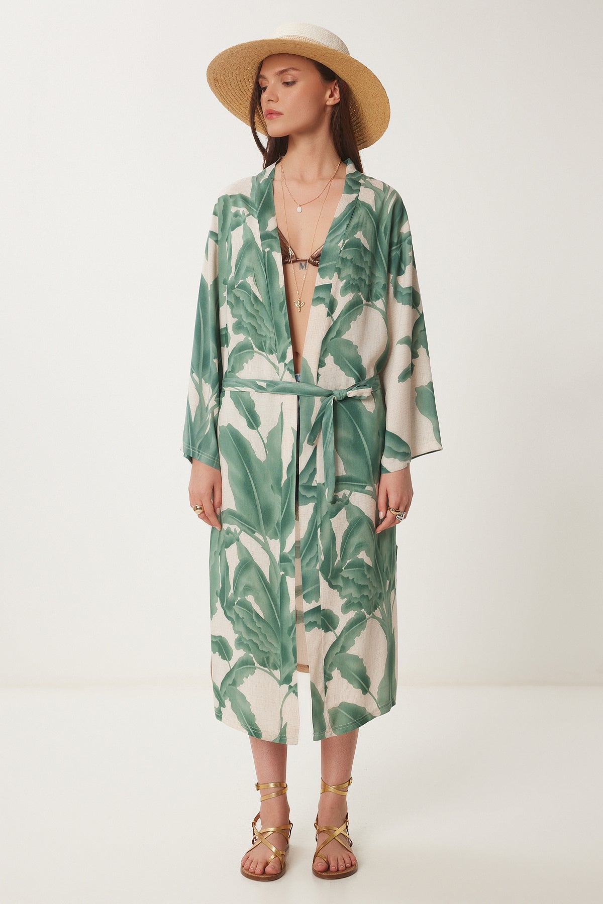 Çağla Yeşili Krem Desenli Kuşaklı Dokuma Kimono JE00001