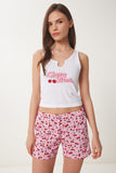 Koyu Pembe Beyaz Baskılı Şortlu Örme Pijama Takımı CE00096