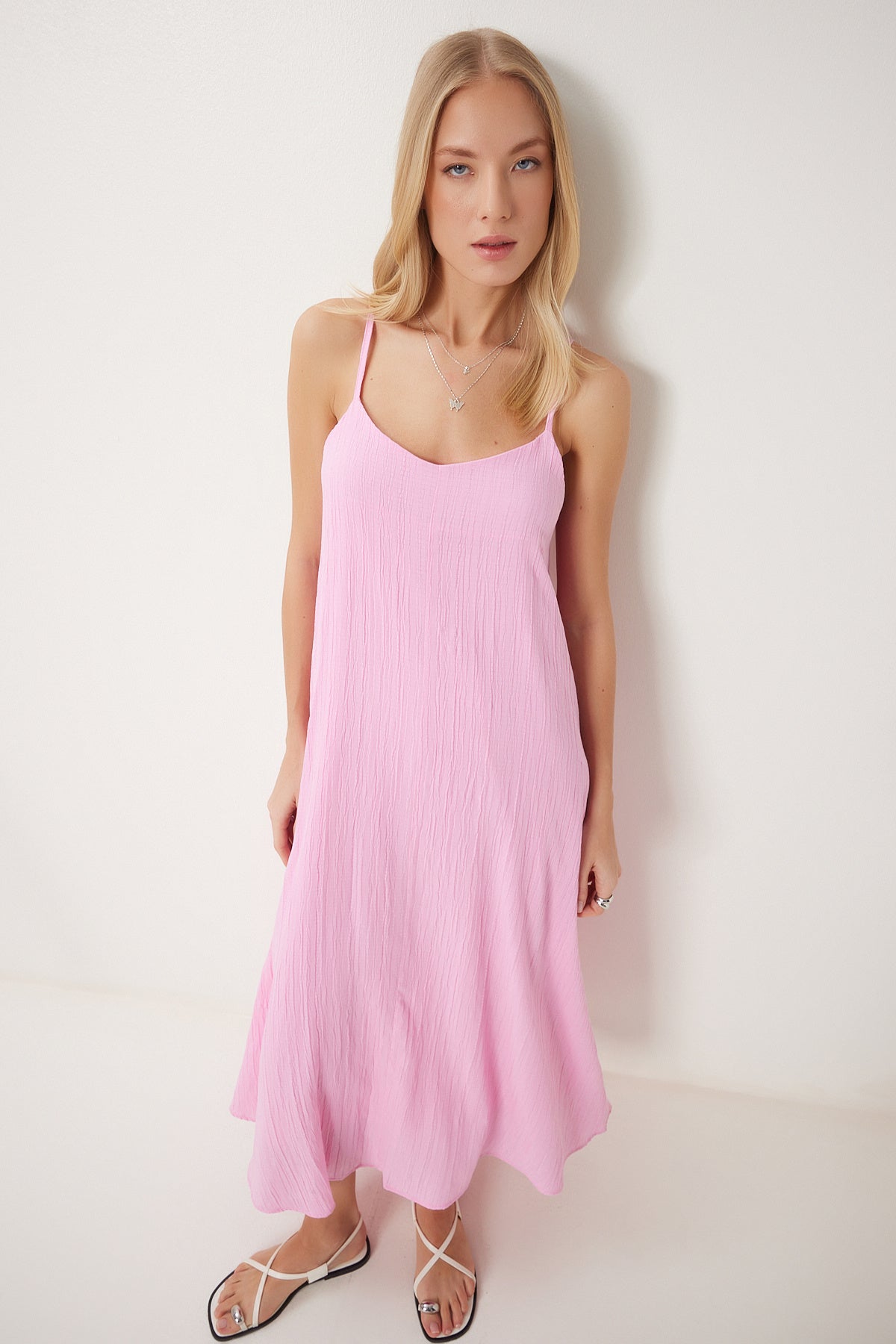 Pembe Dokulu Dökümlü Dokuma Elbise RG00049