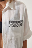 Beyaz Nakışlı Cepli Oversize Keten Ayrobin Gömlek RG00031