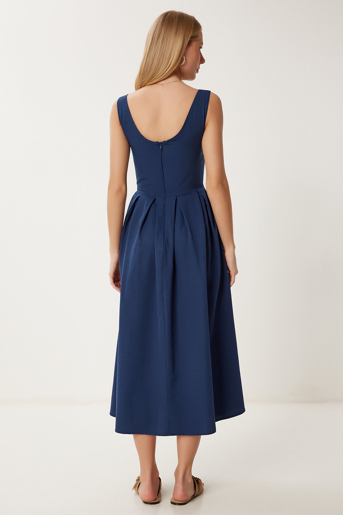 Lacivert Fermuar Detaylı Midi Poplin Elbise UB00340