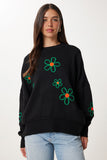 Siyah Çiçek Nakışlı Oversize Triko Kazak DD01262
