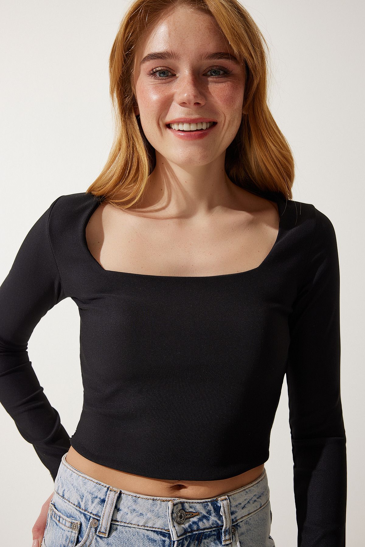 Siyah Kare Yaka Fitilli Crop Örme Bluz AN00176