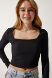 Siyah Kare Yaka Fitilli Crop Örme Bluz AN00176