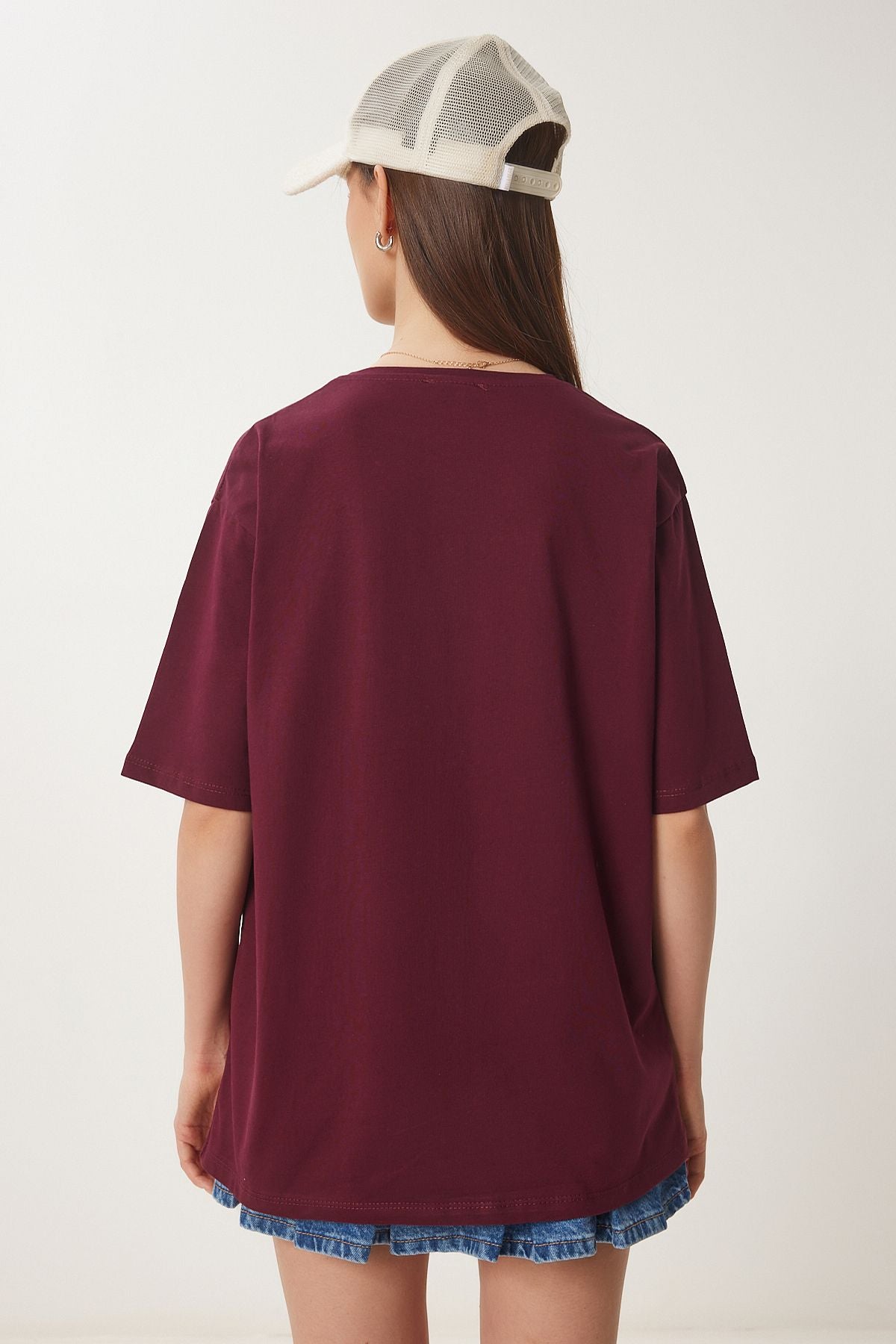Bordo Oversize Nakış Cepli Örme T-Shirt ZV00277