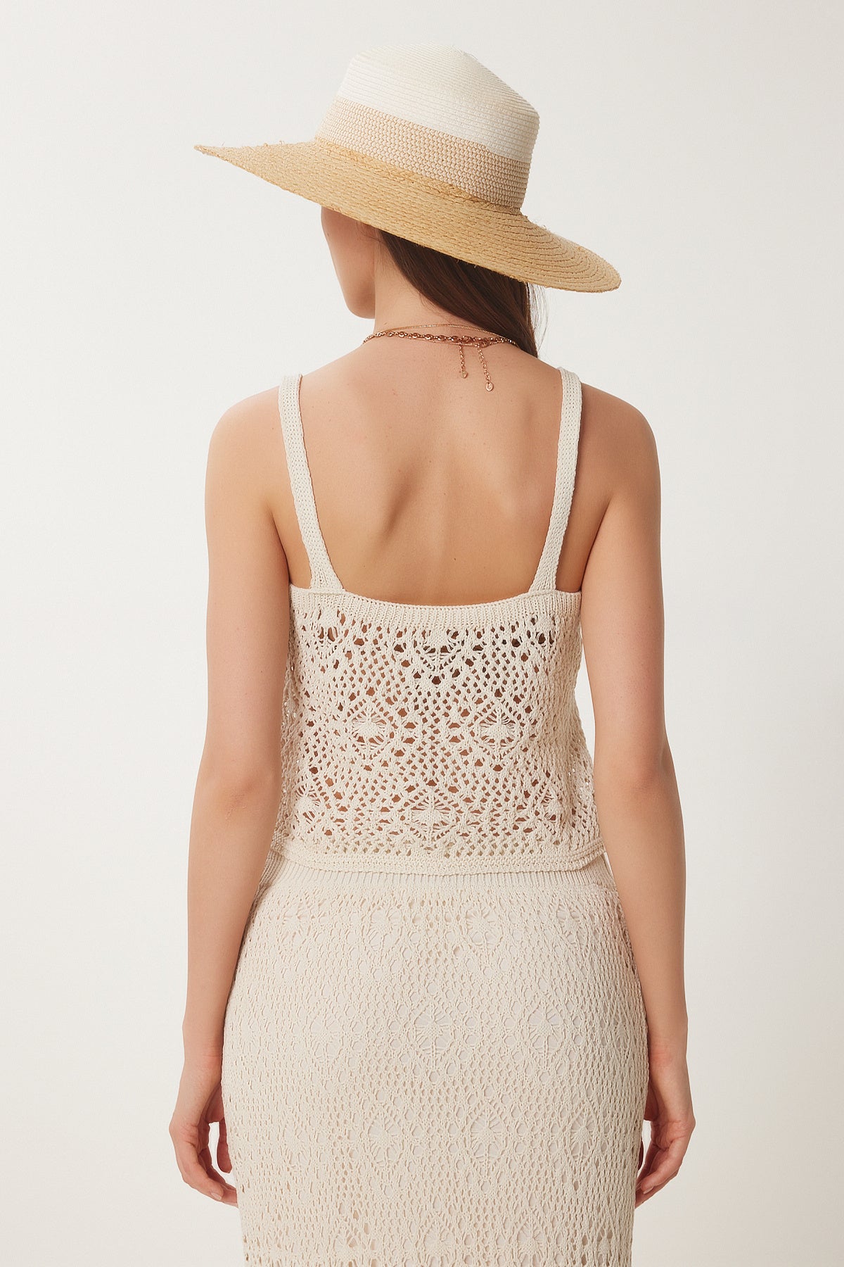 Krem Ajurlu Yazlık Triko Crop Etek Takım NF00085