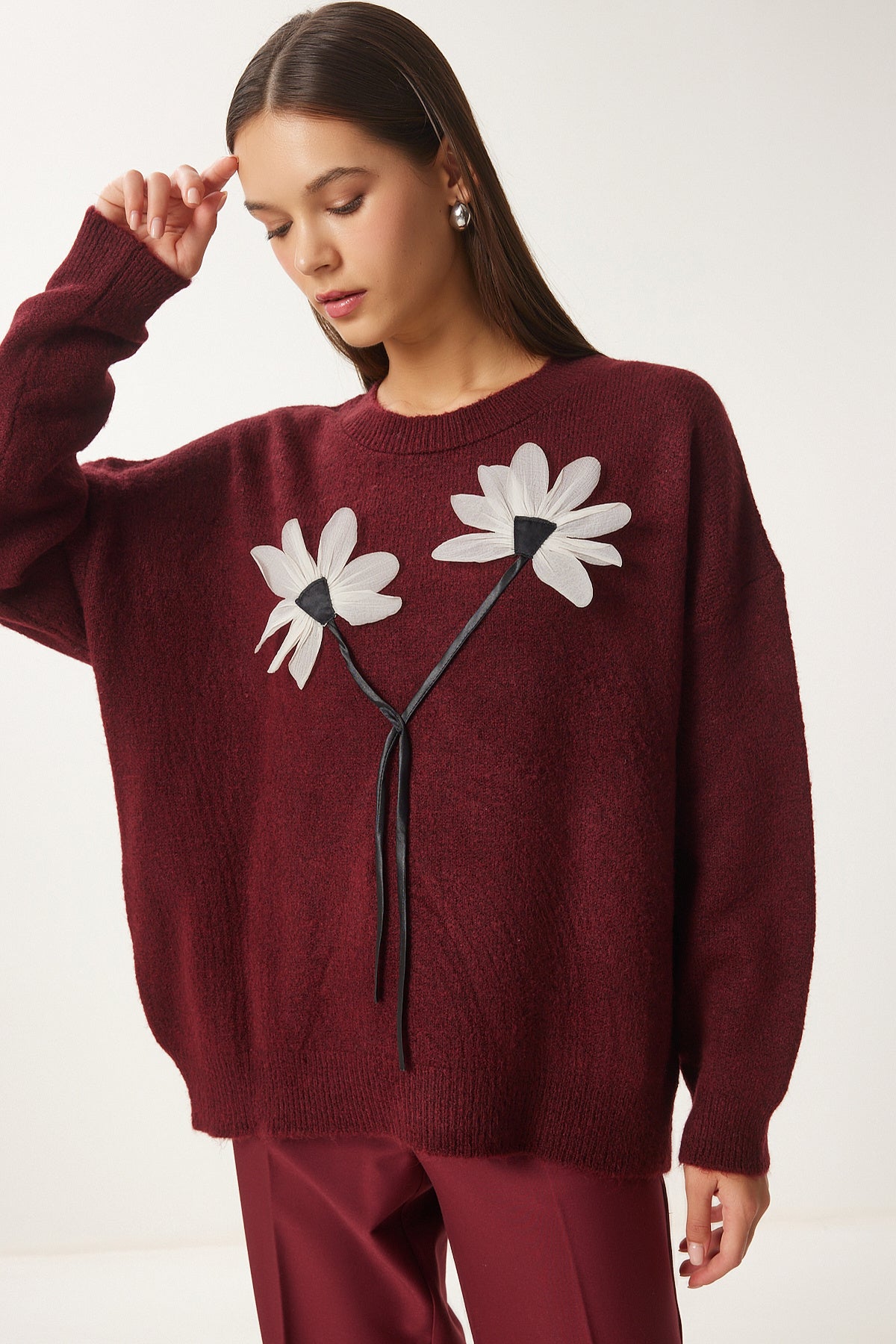 Bordo Çiçek Detaylı Triko Kazak PF00103
