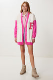 Pembe Kemik Oversize Kontrast Renkli Triko Hırka YY00262