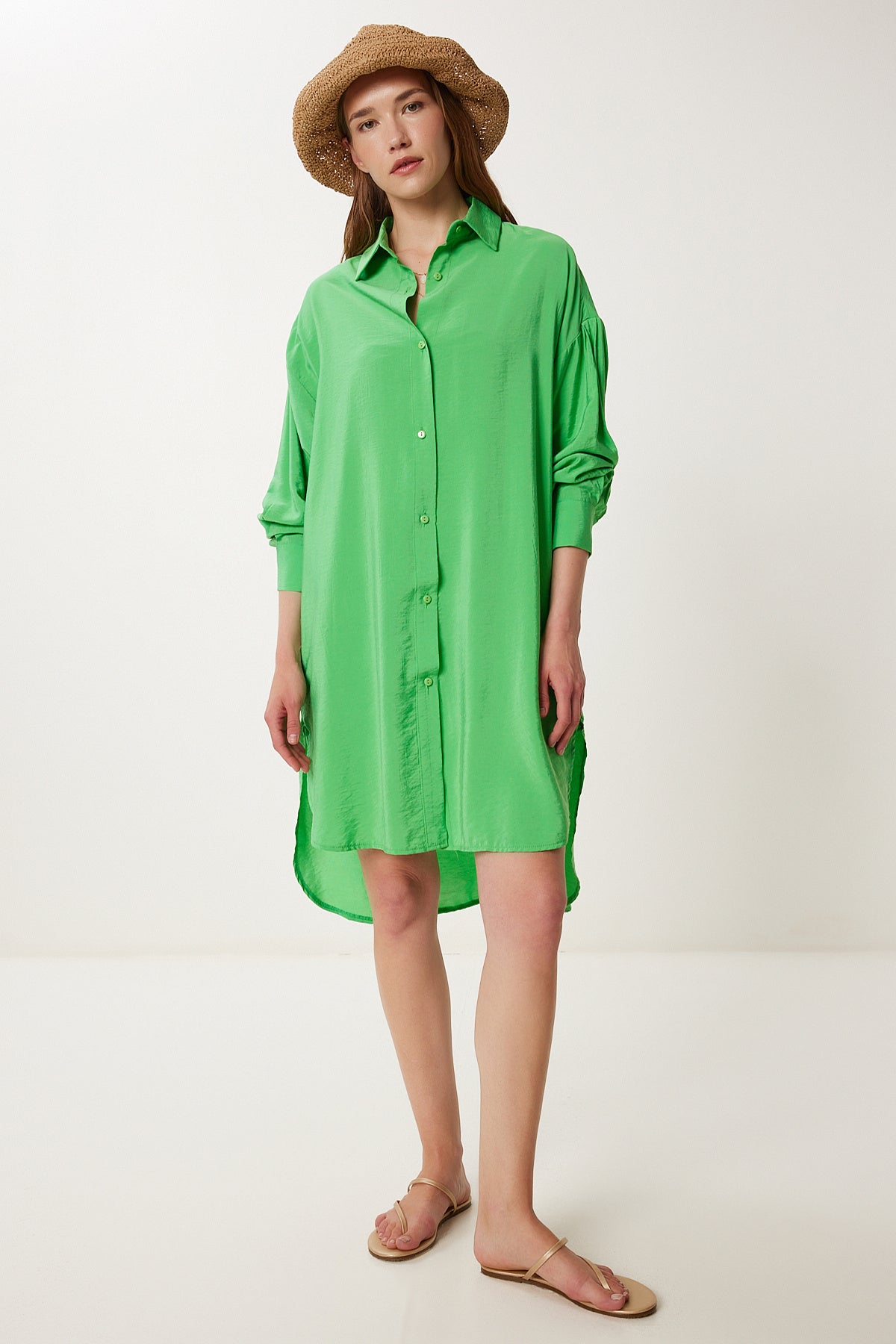Yeşil Oversize Midi Ayrobin Gömlek Elbise WF00106
