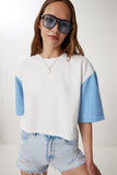 Beyaz Mavi Kareli Örme Crop T-Shirt TP00088