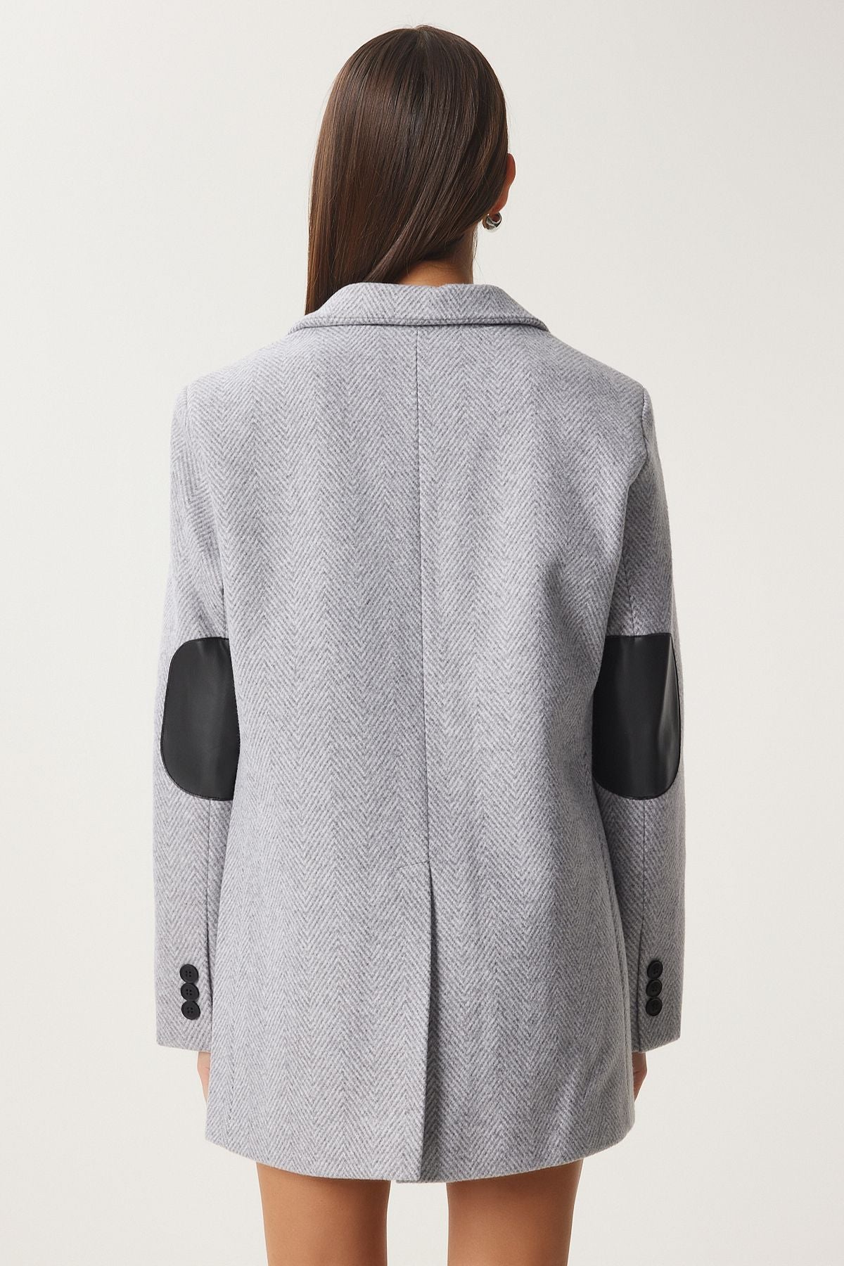 Gri Deri Detaylı Kışlık Blazer Ceket FN03405