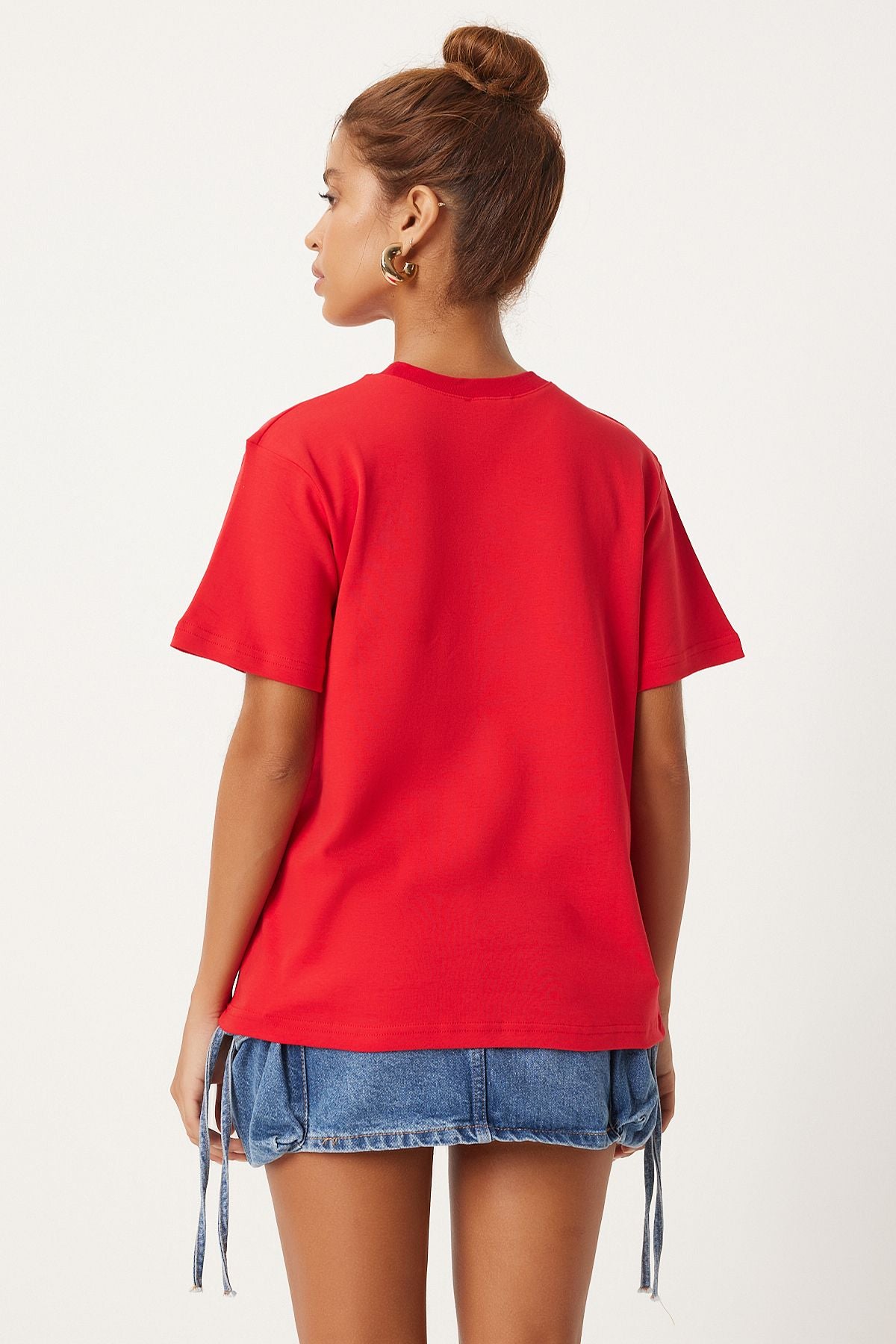 Kırmızı Bisiklet Yaka %100 Pamuk Penye T-Shirt FN03265