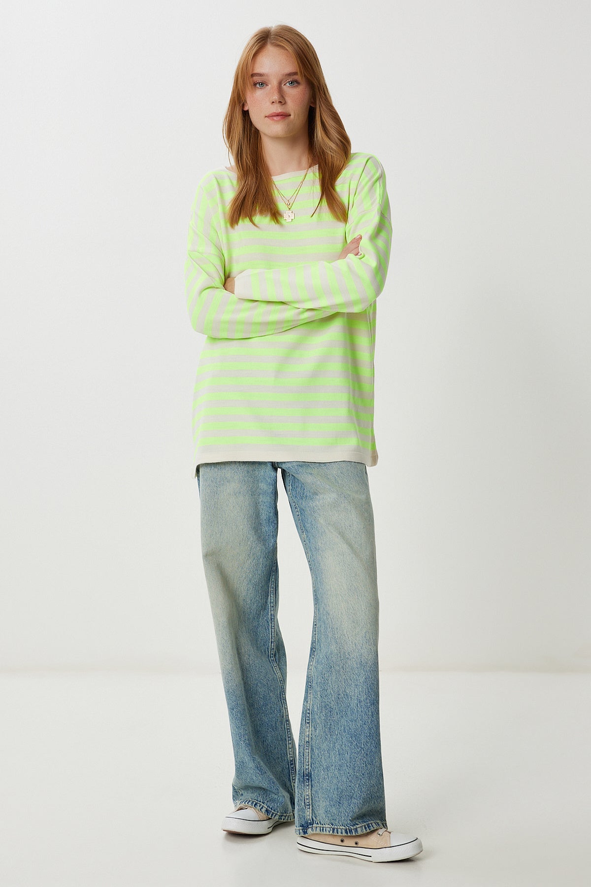 Sarı Krem Çizgili Oversize Triko Kazak Kİ00162
