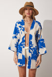 Bej Mavi Desenli Keten Viskon Kimono BH00381