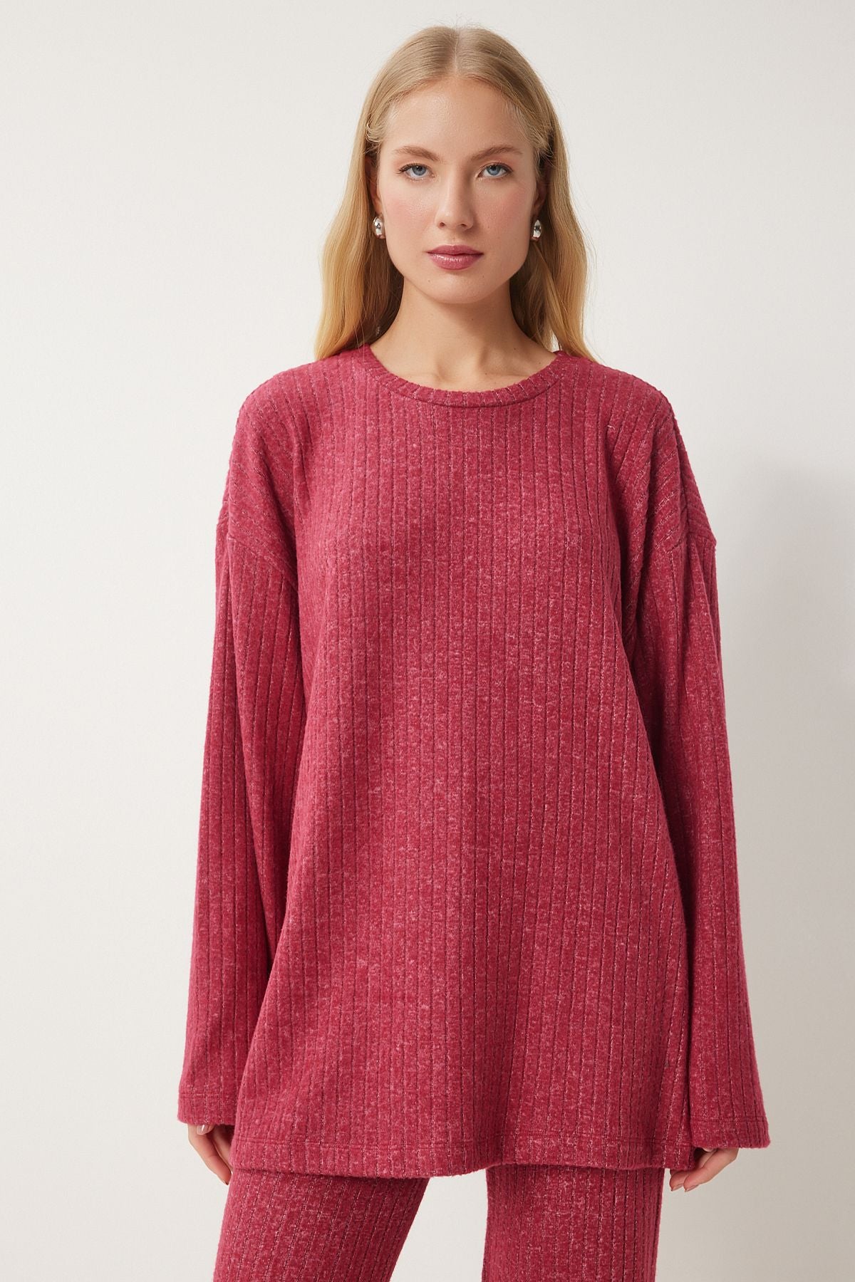 Kırmızı Rahat Fitilli Örme Bluz Pantolon Takım RG00047