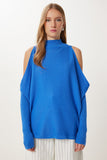 İndigo Mavi Cut Out Detaylı Oversize Triko Kazak AS00015