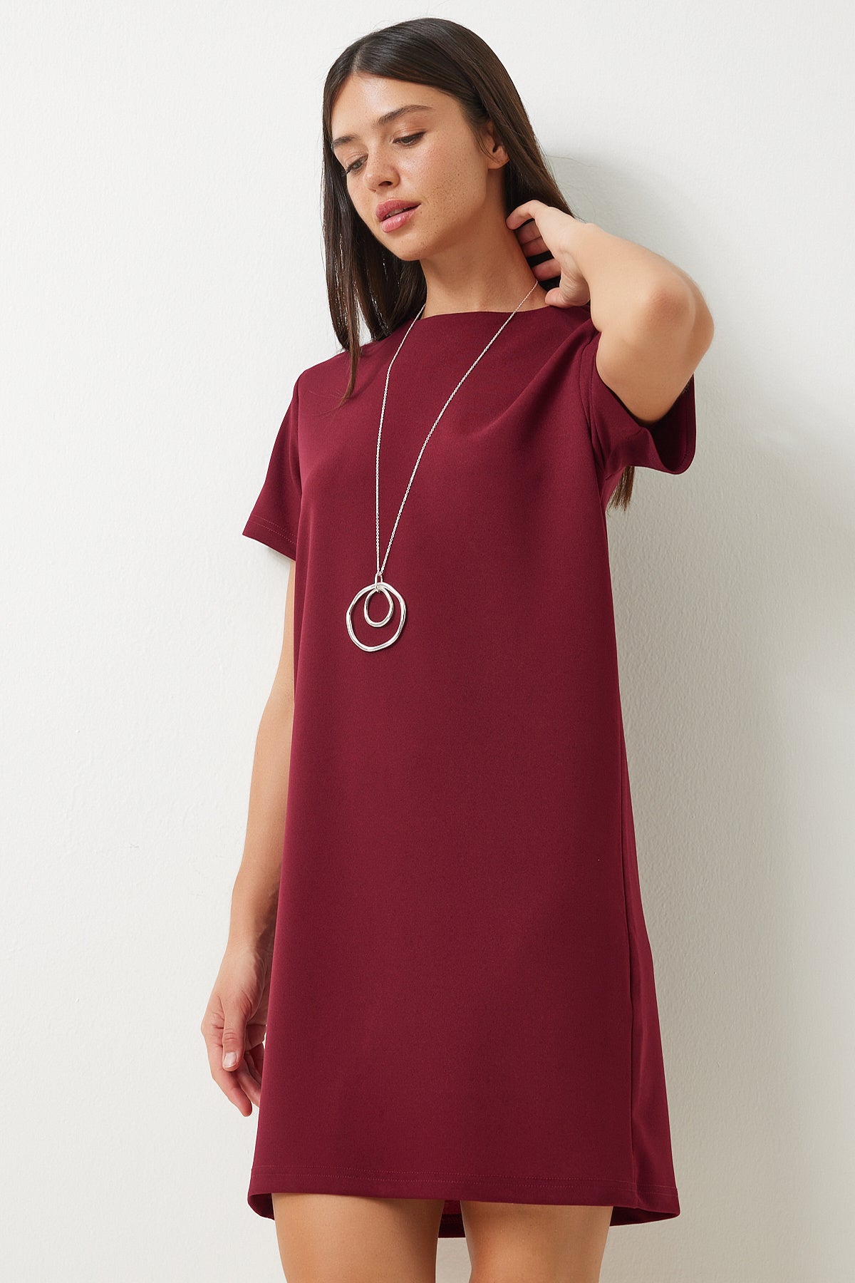 Bordo Bisiklet Yaka Basic Krep Elbise TO00136