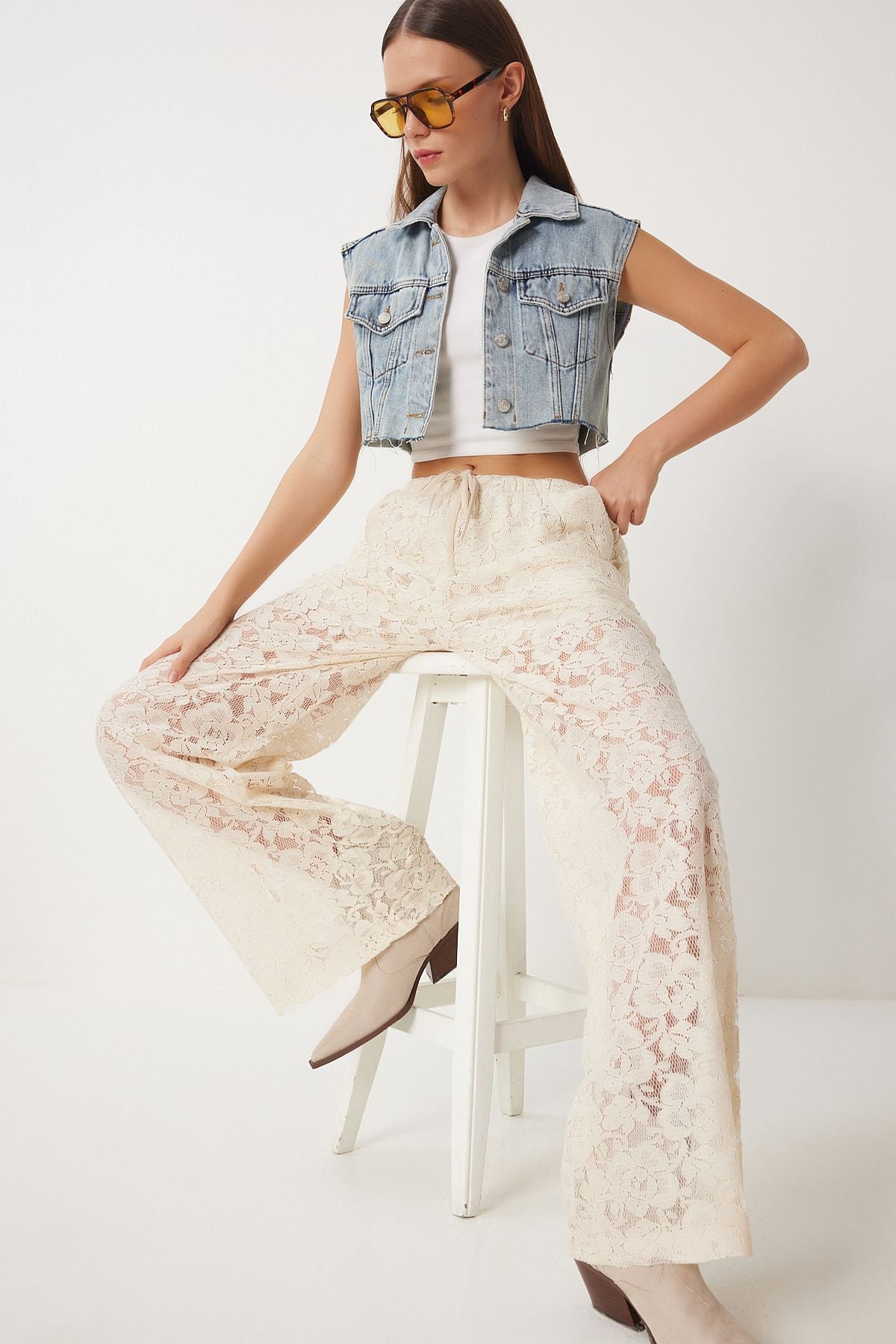 Krem Dantel Transparan Bol Pantolon UL00051