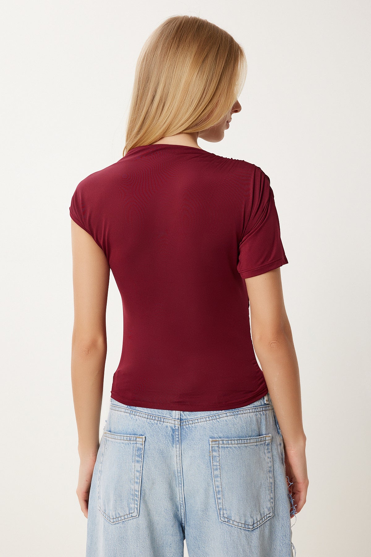Bordo Gold Aksesuarlı Esnek Örme Bluz AN00241