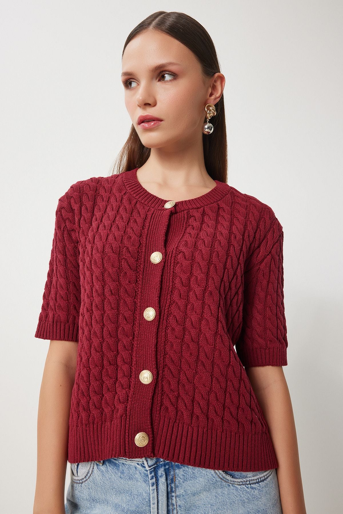 Bordo Bisiklet Yaka Saç Örgülü Triko Hırka US00946