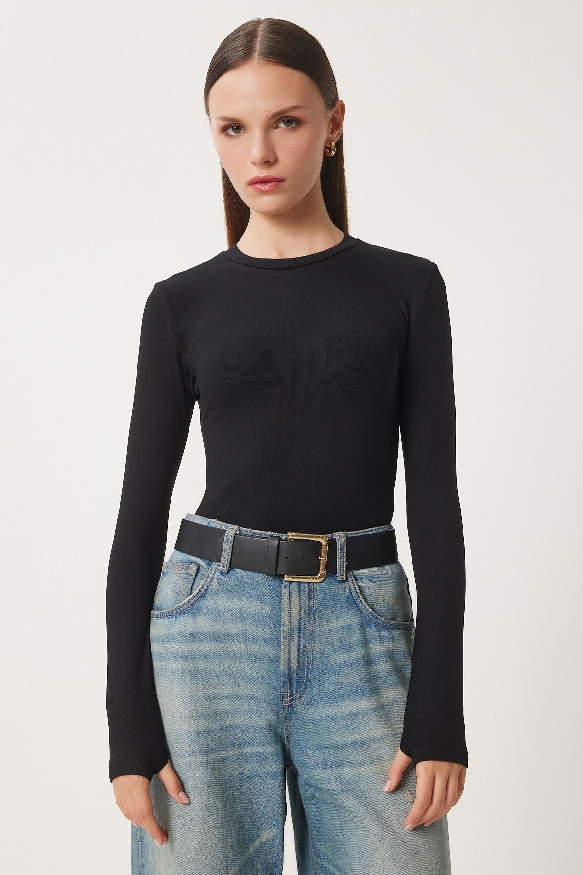 Siyah Bisiklet Yaka Basic Örme Bluz CR00439