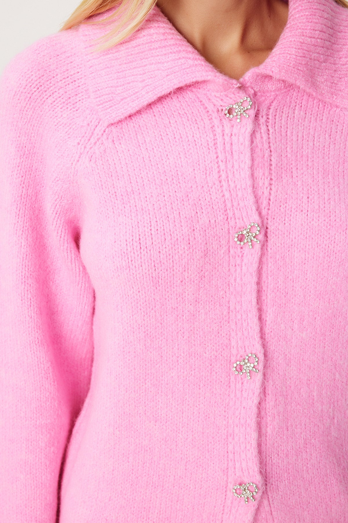 Pembe Şık Fiyonk Taş Düğmelı Polo Yaka Hırka PF00094