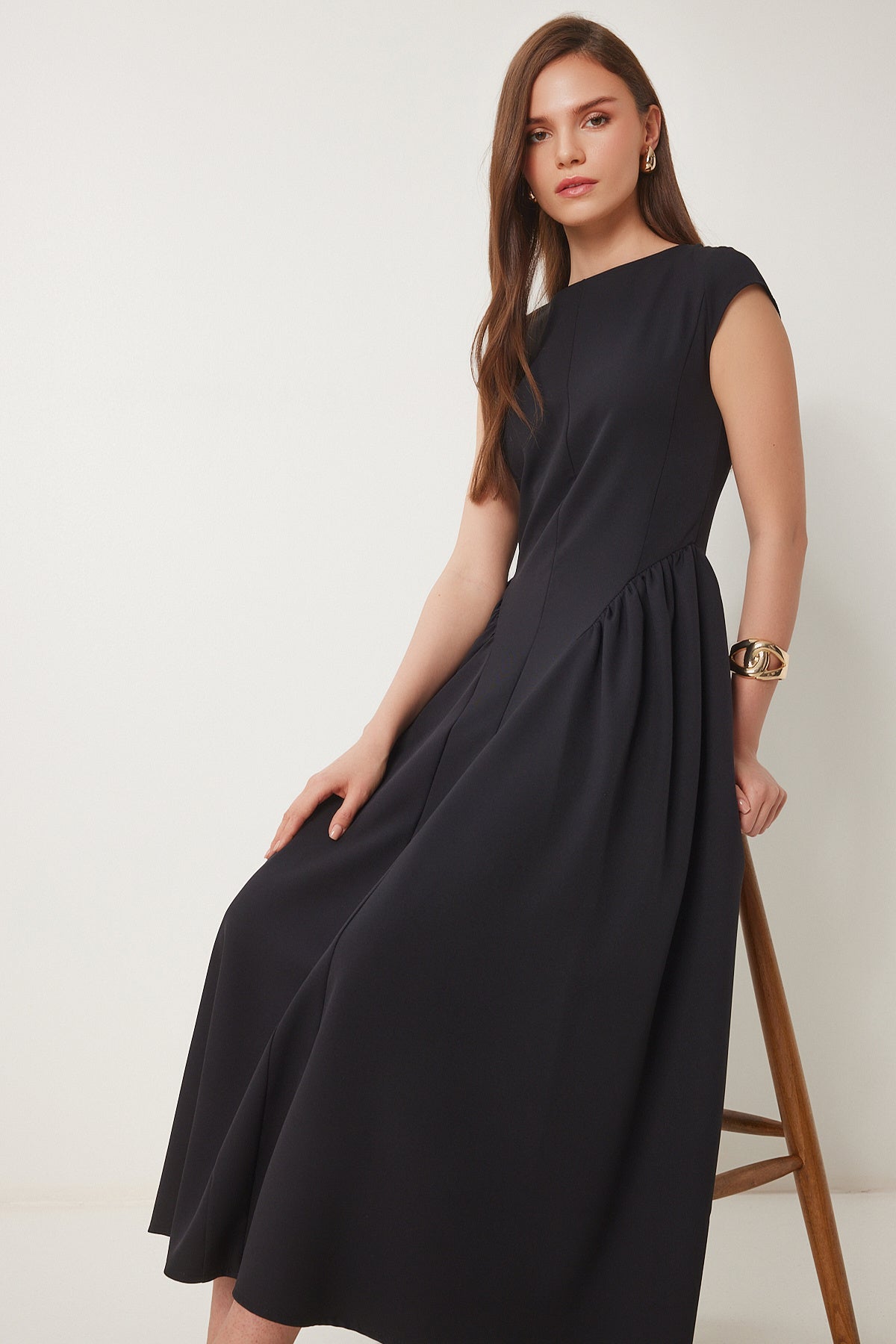 Siyah Midi Poplin Elbise UB00359