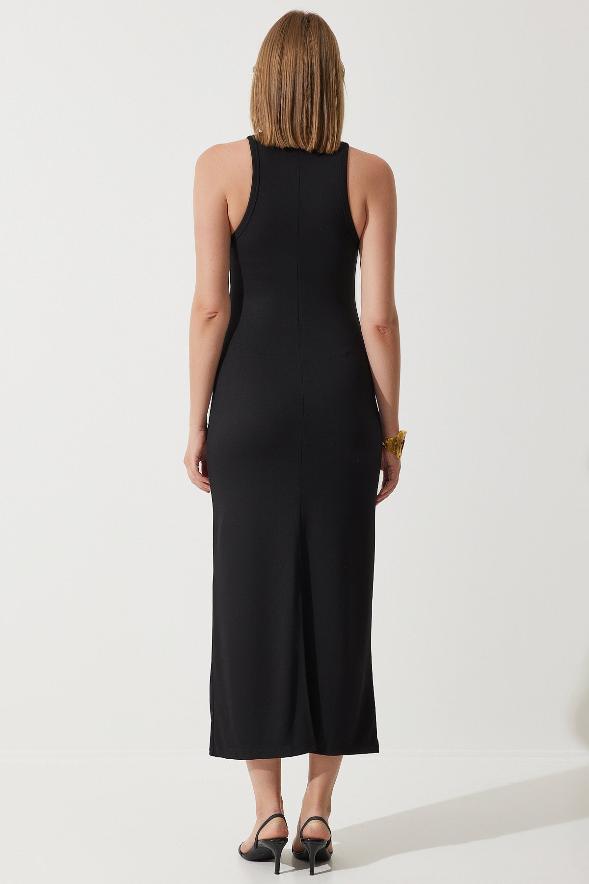 Siyah Halter Yaka Yazlık Çelik Örme Uzun Elbise BP00159