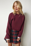 Bordo Şardonlu Crop Sweatshirt UB00178