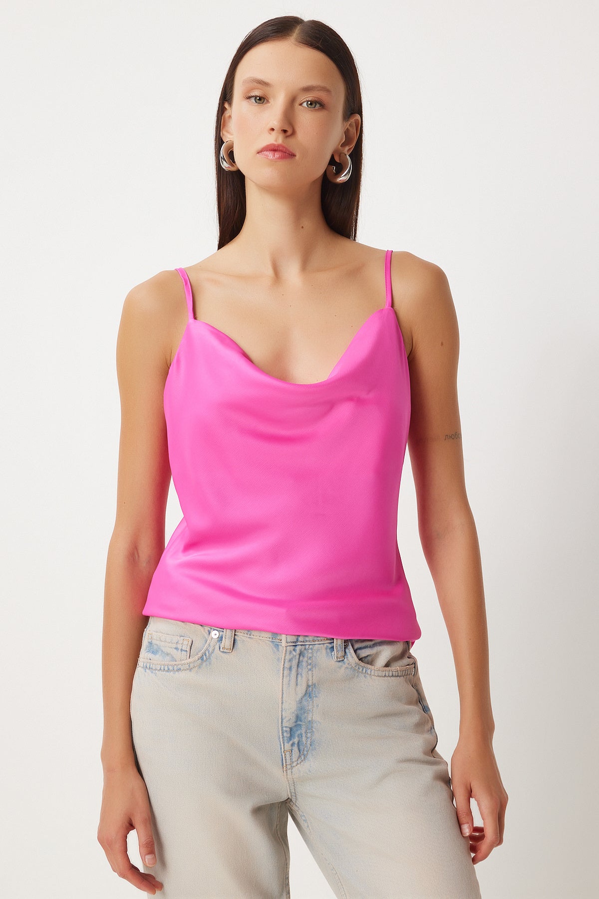 Pembe Saten Yüzeyli Degaje Yaka Dokuma Bluz  FN03354