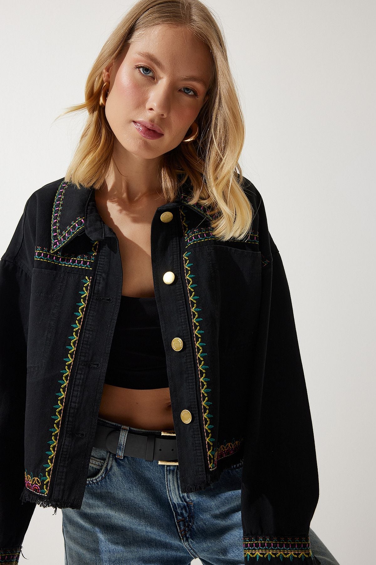 Siyah Nakışlı Püsküllü Oversize Denim Ceket SA00018