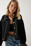 Siyah Nakışlı Püsküllü Oversize Denim Ceket SA00018