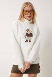 Kırık Beyaz Ayıcık Armalı Şardonlu Örme Sweatshirt WE00001