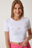 Beyaz Fiyonk Detaylı Crop T-Shirt MC00279