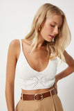 Ekru İnci Detaylı Ajurlu Crop Triko Bluz  FN03366