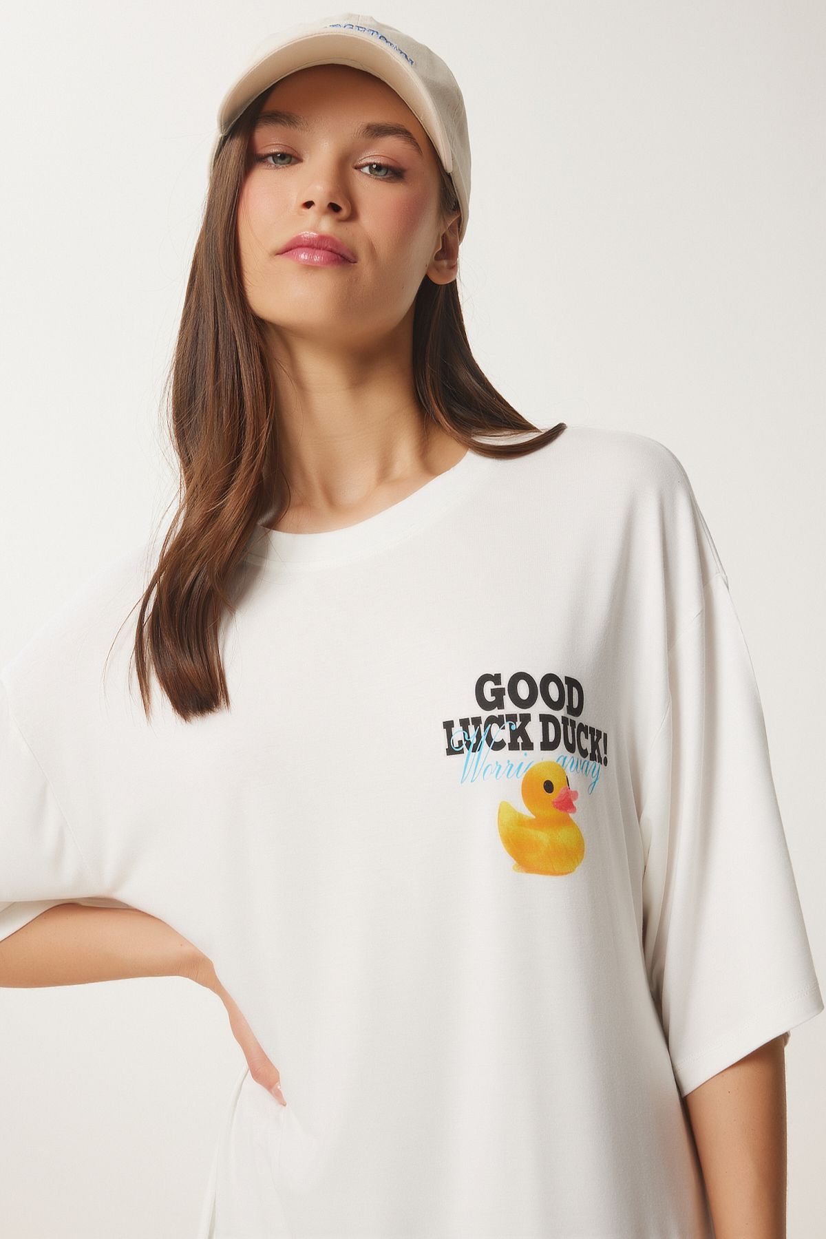 Ekru Oversize Baskılı Pamuklu Örme T-Shirt UB00372
