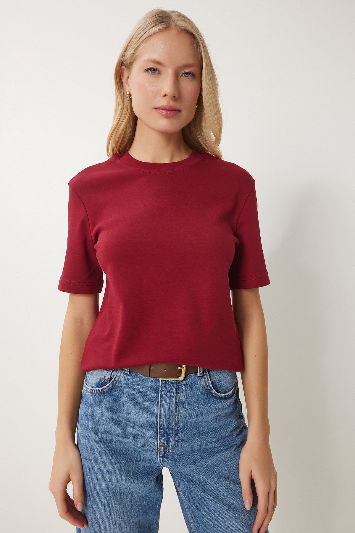 Bordo Beyaz 2'Li Paket Pamuklu Basic Örme T-Shirt AG00002