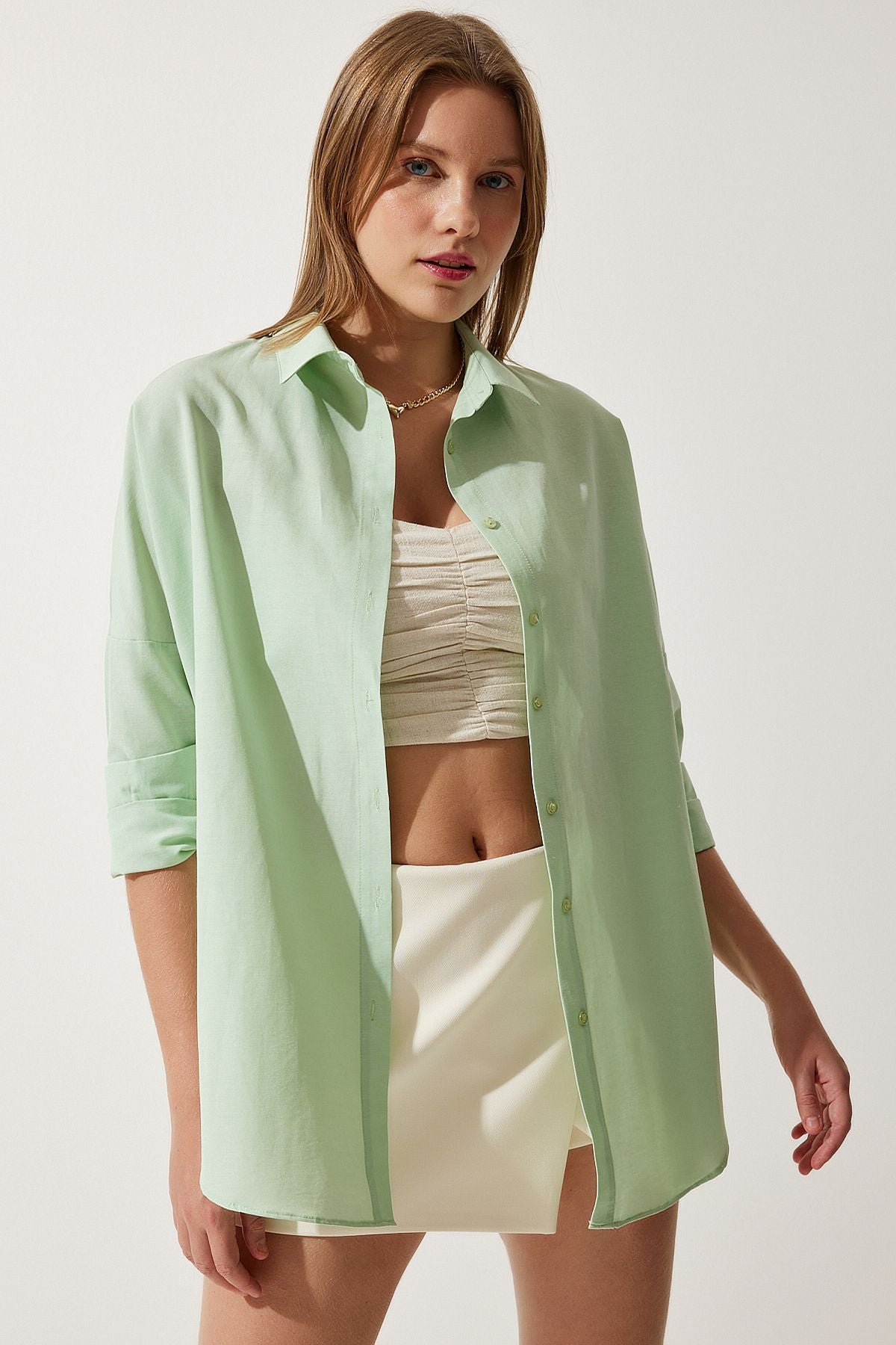 Uçuk Yeşil Oversize Uzun Basic Gömlek  DD00842